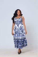 Ruvimbo Maxi – Blue & White Tile Print Dress
