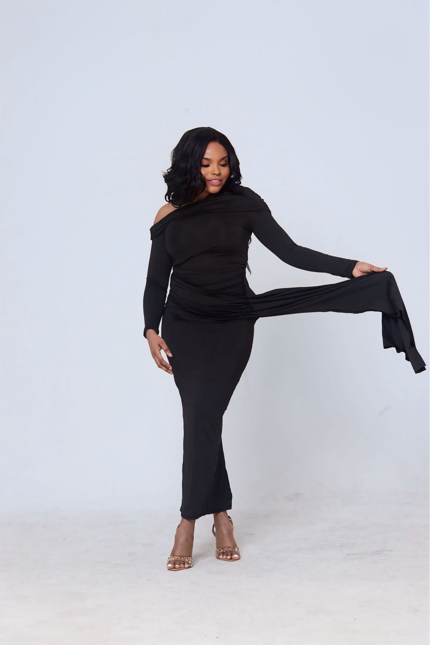 Zuri Draped One-Shoulder Maxi Dress – Black Elegance
