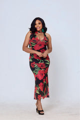 Divine Floral Halter Maxi Dress – Black & Red