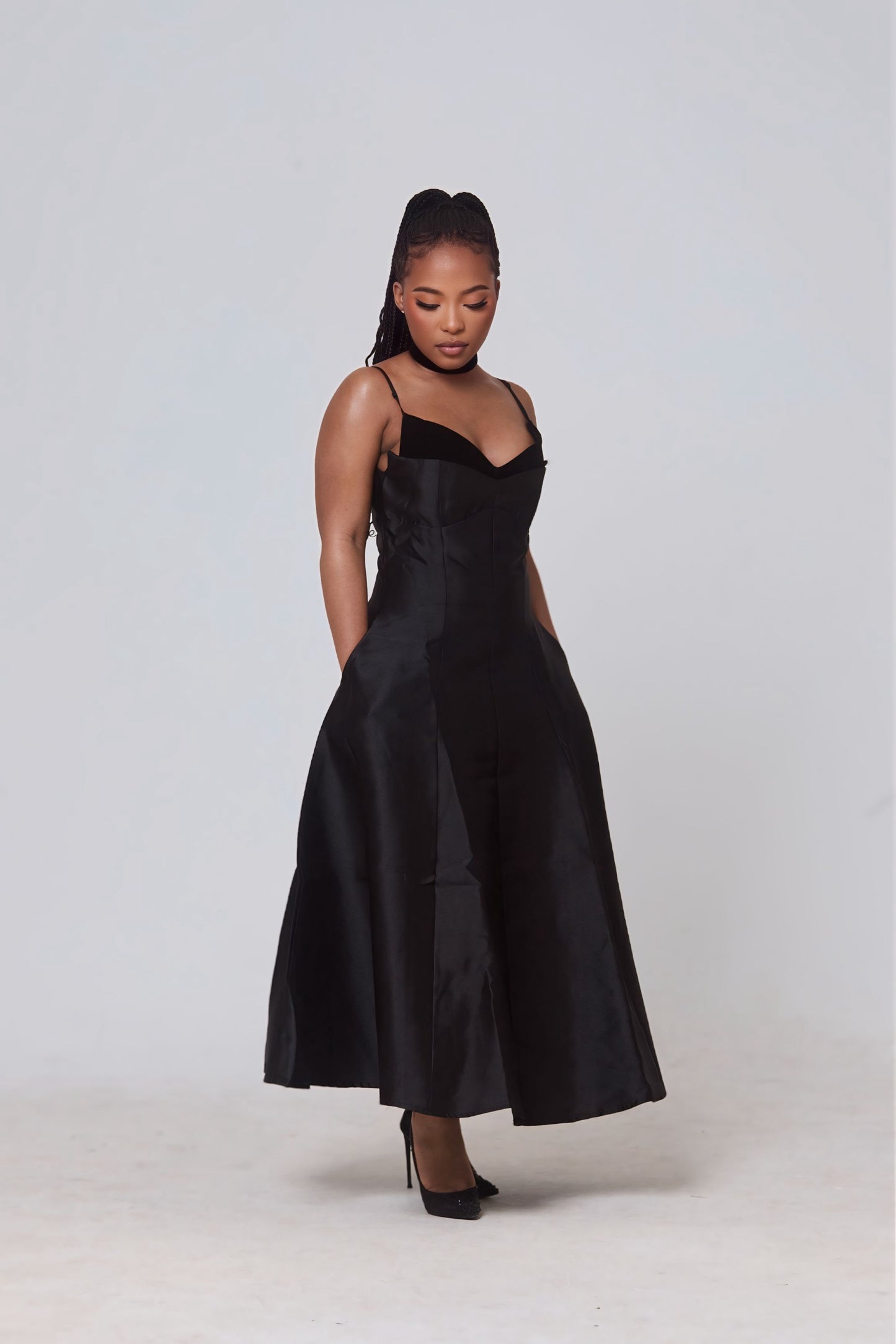 Naledi Satin A-Line Midi Dress – Black Elegance