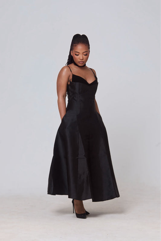 Naledi Satin A-Line Midi Dress – Black Elegance
