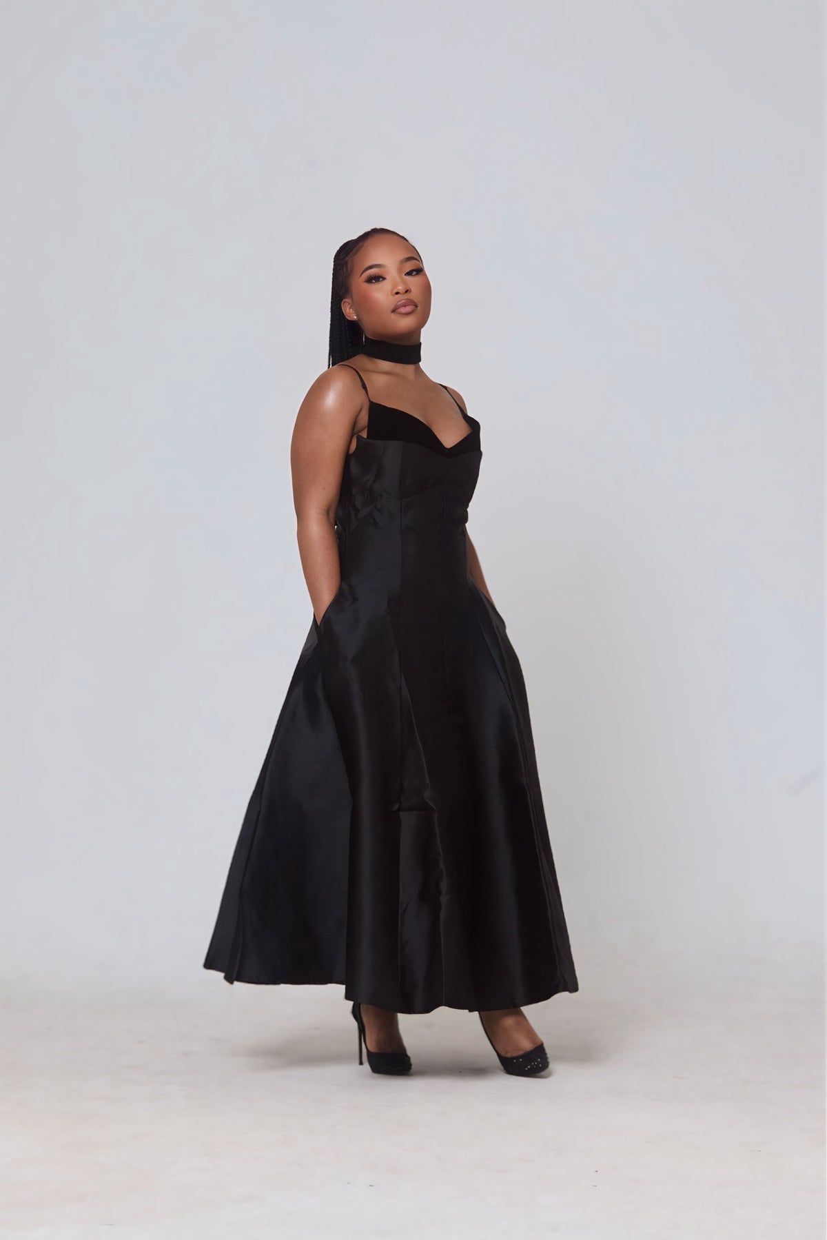 Naledi Satin A-Line Midi Dress – Black Elegance