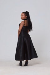 Naledi Satin A-Line Midi Dress – Black Elegance