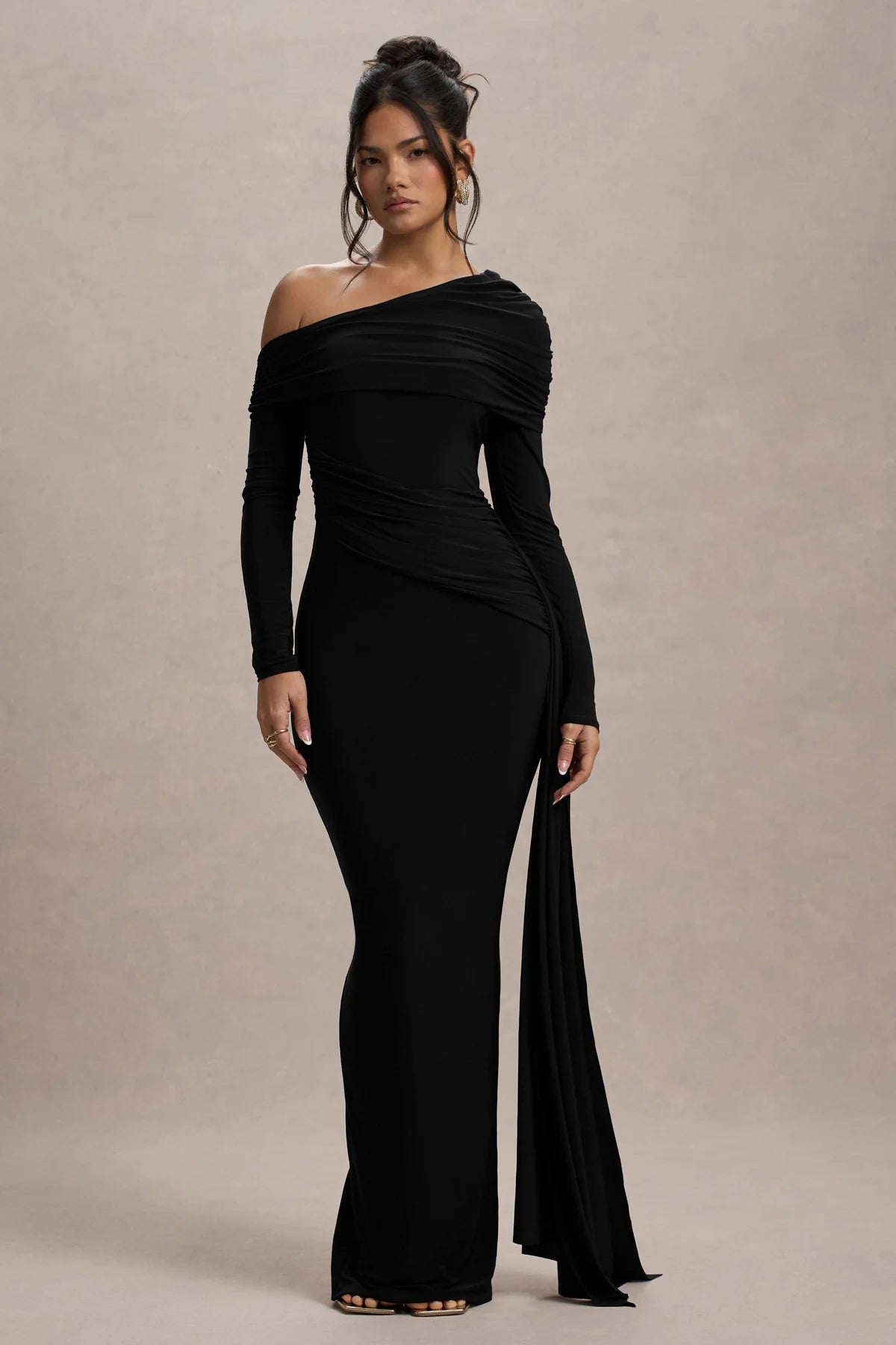 Zuri Draped One-Shoulder Maxi Dress – Black Elegance
