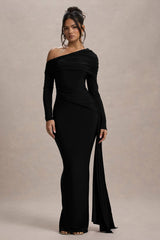Zuri Draped One-Shoulder Maxi Dress – Black Elegance