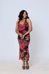 Divine Floral Halter Maxi Dress – Black & Red