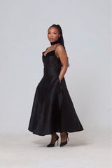 Naledi Satin A-Line Midi Dress – Black Elegance