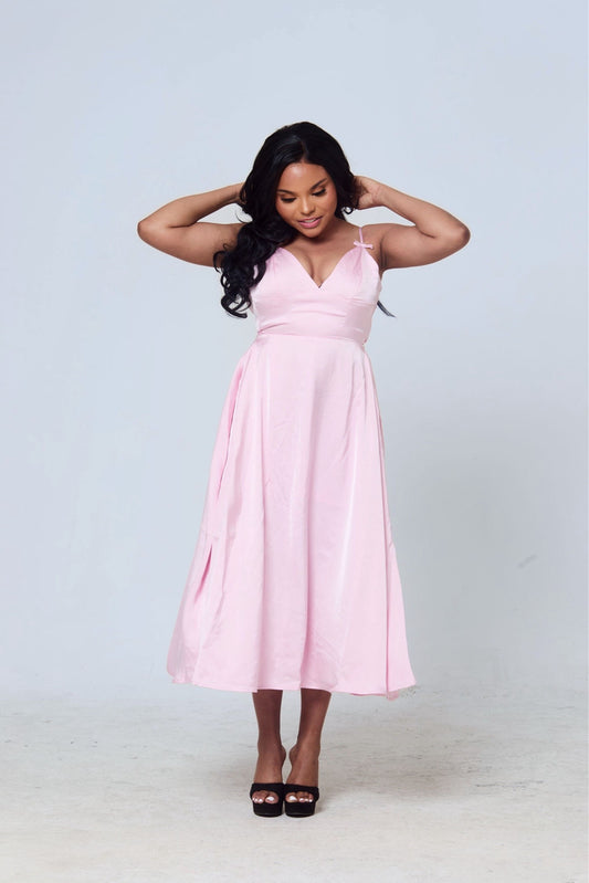 Luyando V-Neck Midi Dress – Soft Pink Elegance