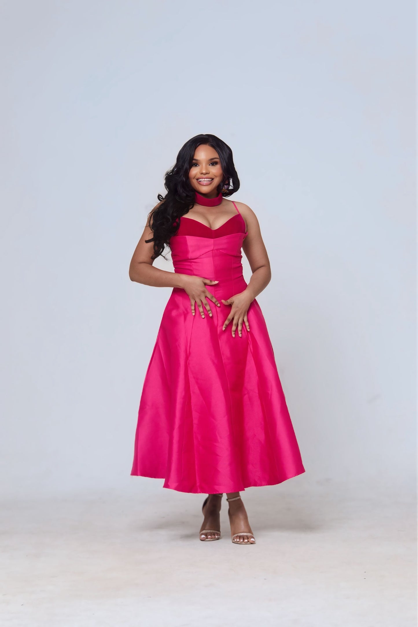 Naledi Satin A-Line Midi Dress – Pink Elegance