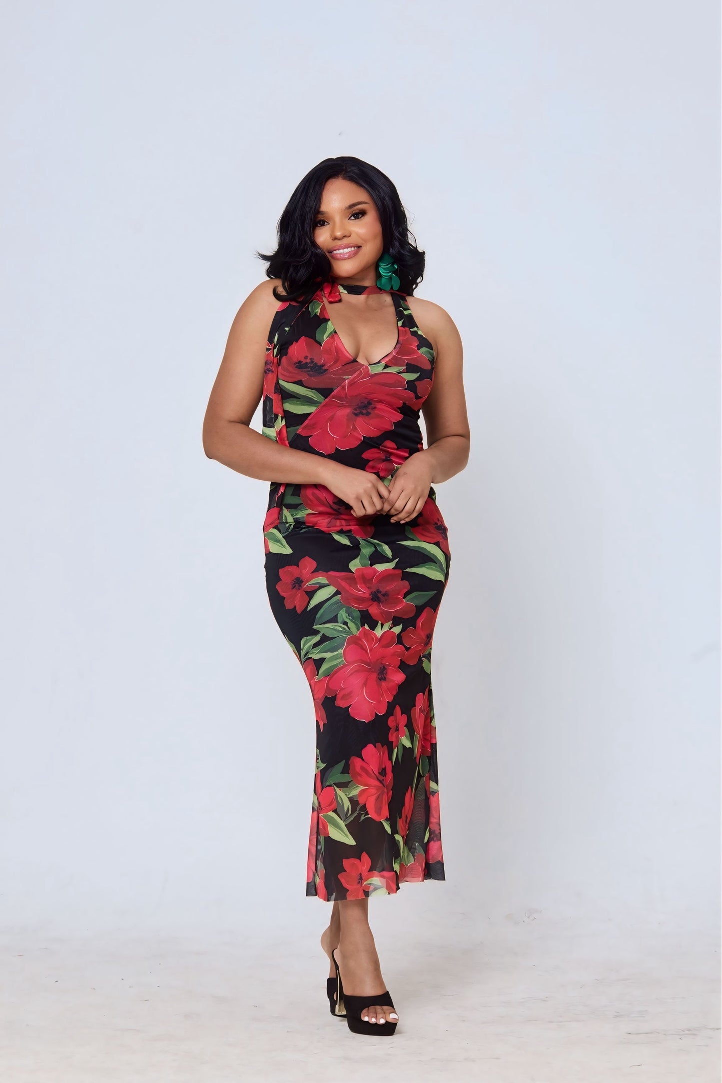 Divine Floral Halter Maxi Dress – Black & Red