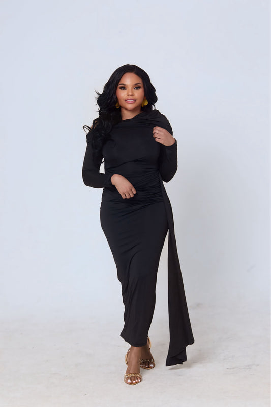 Zuri Draped One-Shoulder Maxi Dress – Black Elegance