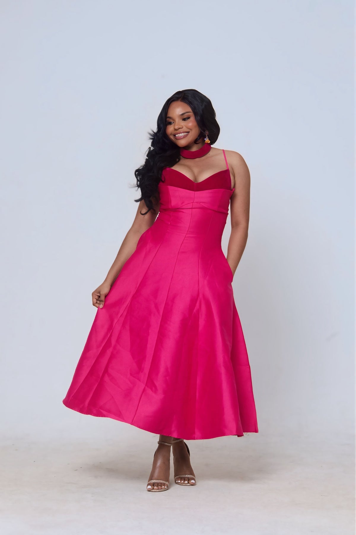 Naledi Satin A-Line Midi Dress – Pink Elegance