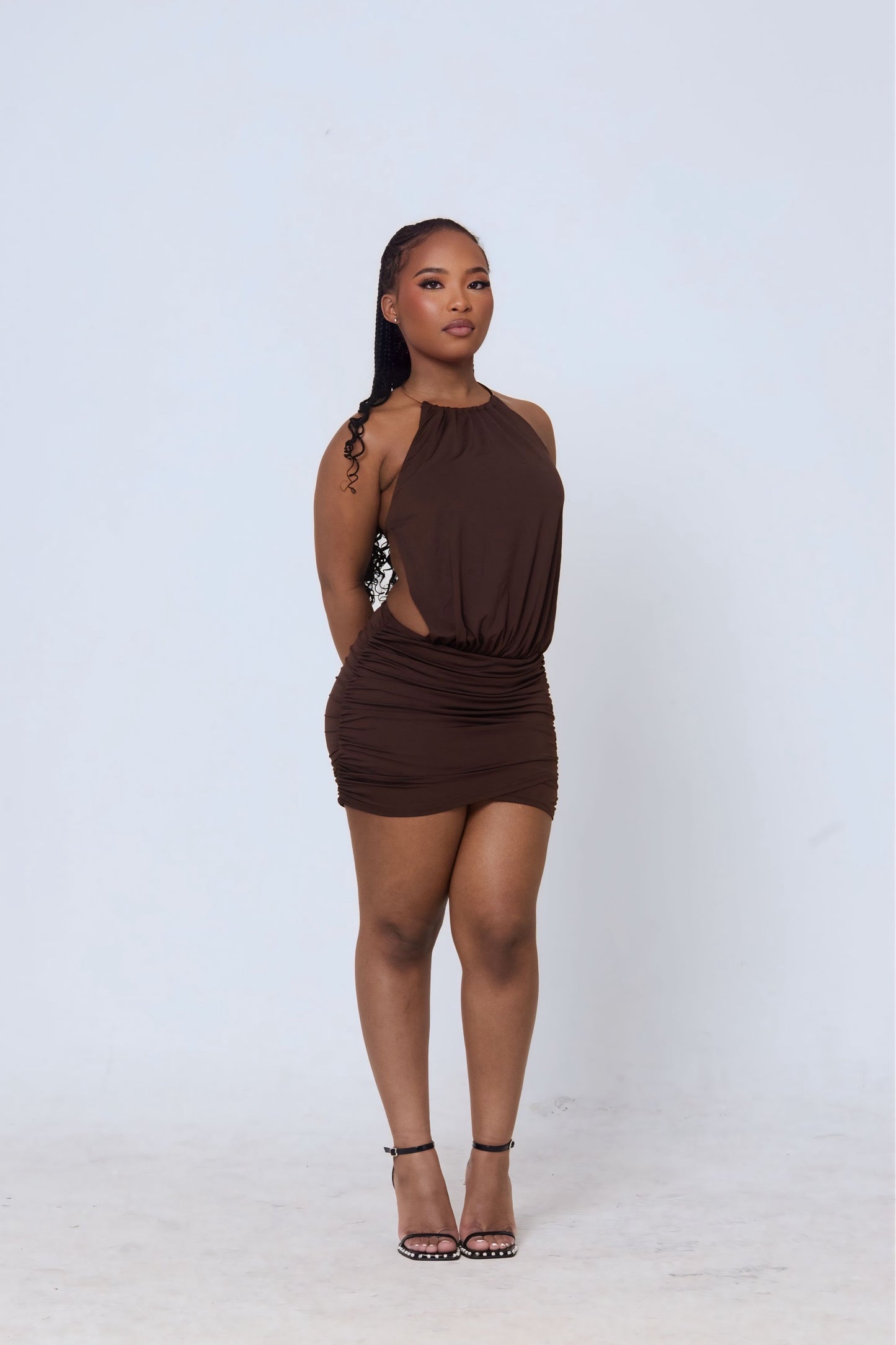 Bwayla Open-Back Halter Mini Dress – Chocolate Brown