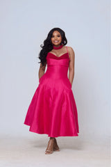 Naledi Satin A-Line Midi Dress – Pink Elegance